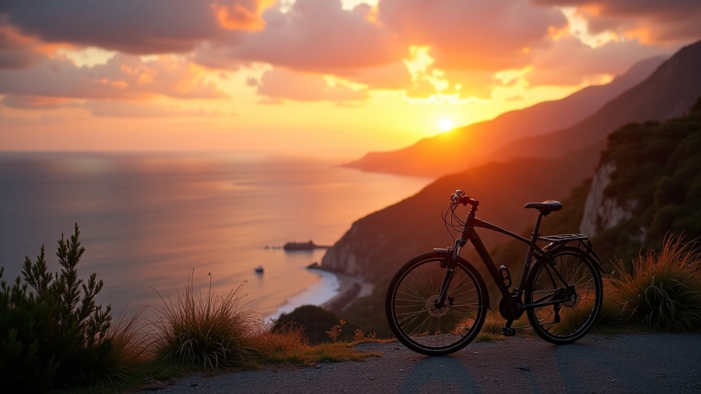 Tramonto sulla costa ligure con una bicicletta parcheggiata su una scogliera, vista panoramica del mare