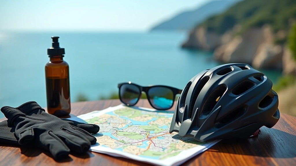 Attrezzatura ciclistica disposta su tavolo di legno con vista del mare: casco, guanti, bottiglia d'acqua, mappa