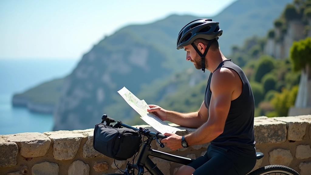 Dettaglio di mappa cicloturistica con evidenziate le vie di accesso e i punti di ristoro lungo la costa ligure