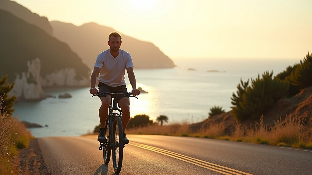 Ciclista che pedala su strada costiera con mare azzurro sullo sfondo, movimento fluido e paesaggio rilassato