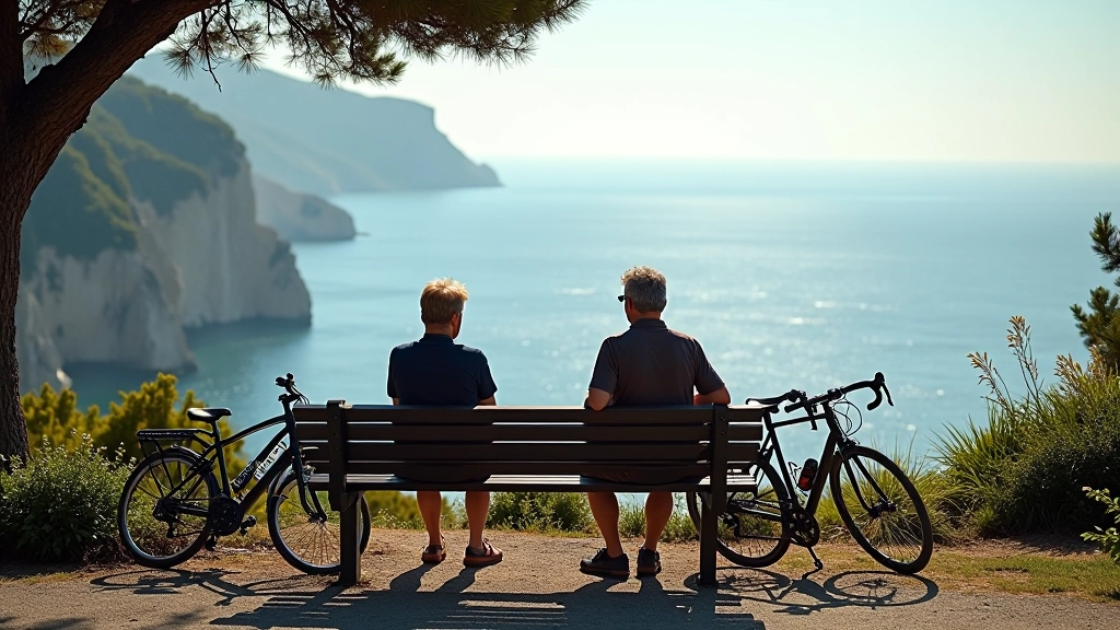 Gruppo di ciclisti che si riposano su una panchina panoramica con vista sul mare, con le biciclette parcheggiate accanto