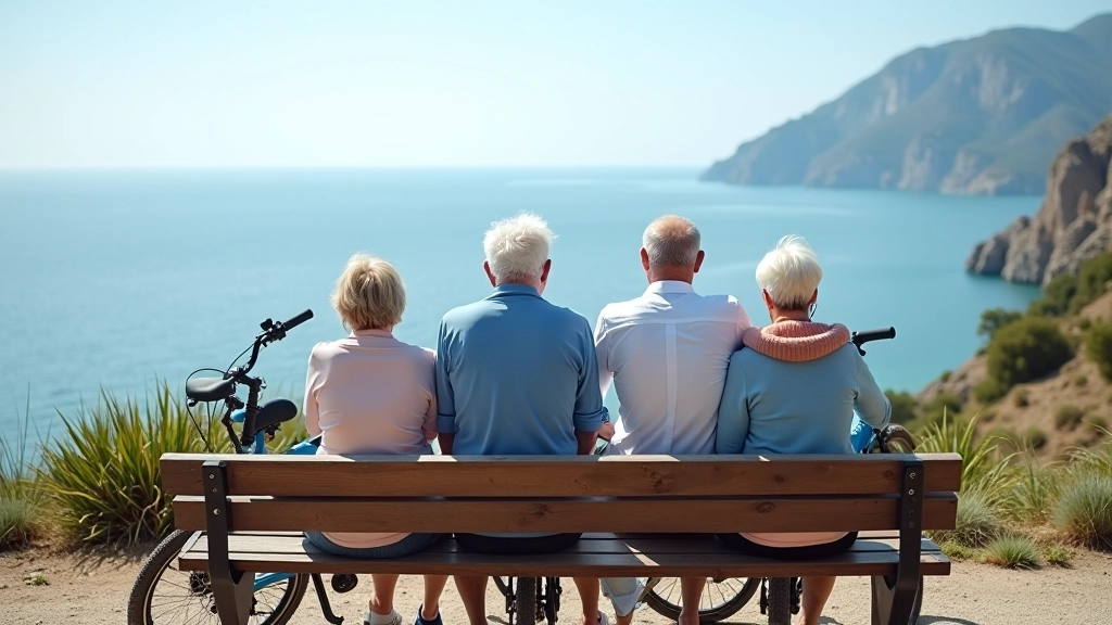 Gruppo di ciclisti adulti che si riposano su una panchina con vista sul mare, durante una pausa cicloturistica