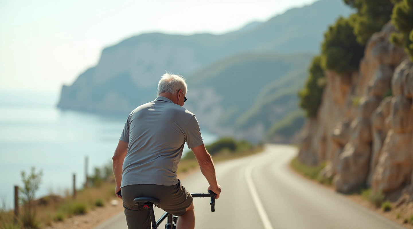 Ciclista su strada costiera con vista panoramica del mare Ligure e scogliere rocciose sullo sfondo