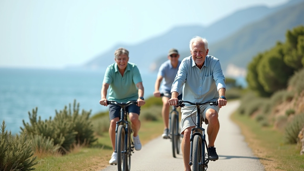 Anziani in bicicletta godono di una pedalata lungo i percorsi della Riviera Ligure