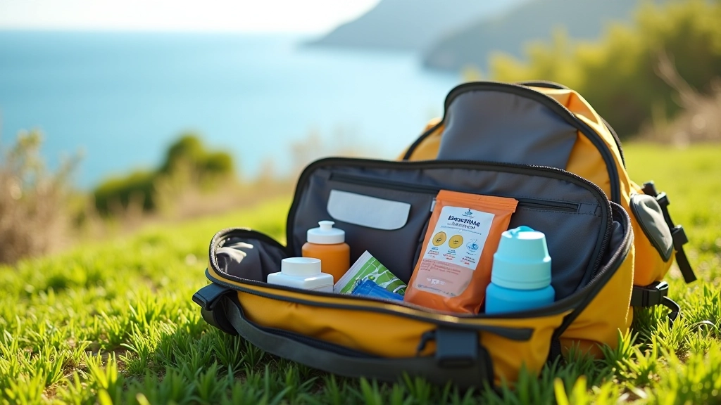 Zaino da ciclista aperto con snack, bottiglia d'acqua, crema solare e un piccolo kit di primo soccorso organizzati dentro