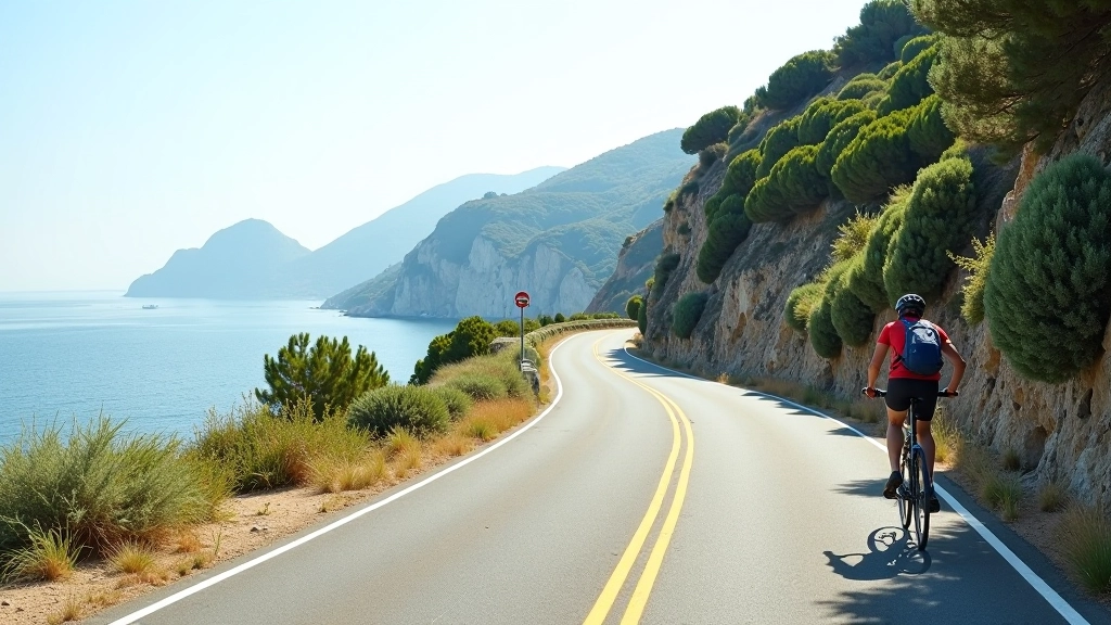 Strada costiera con traffico intenso, curve pericolose e vegetazione mediterranea sullo sfondo, vista da ciclista